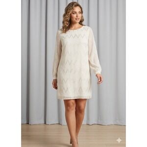 Everly Metallic Chevron Shift Dress Women SZ Large Cream Gold Excellent
